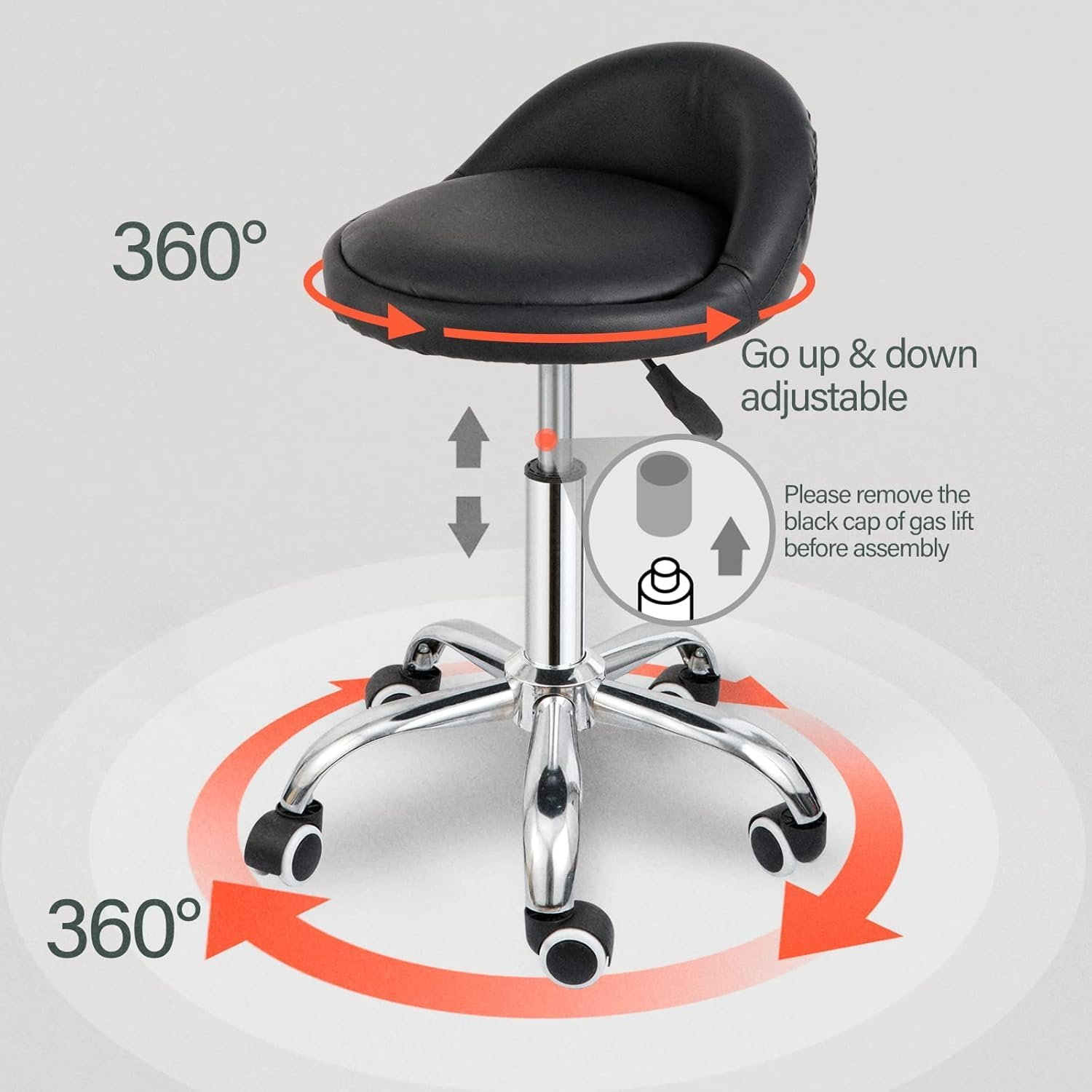 Salon Stool Swivel Rolling Stool with Wheels in 42-55 CM Height Adjustable Drafting Rolling Stools with Low Back Black image number 3