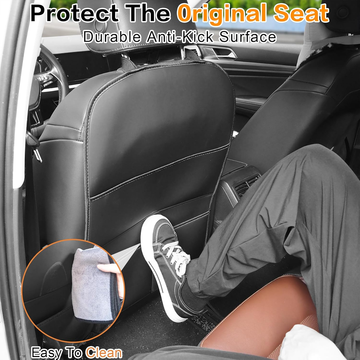Car Seat Protector Kick Mat【1 Pack】Universal Leather Waterproof Auto Seat Back Covers with 3 Storage Pocket, Backseat Car Organizer Travel Accessories, against Dust Mud Scratches (Black)