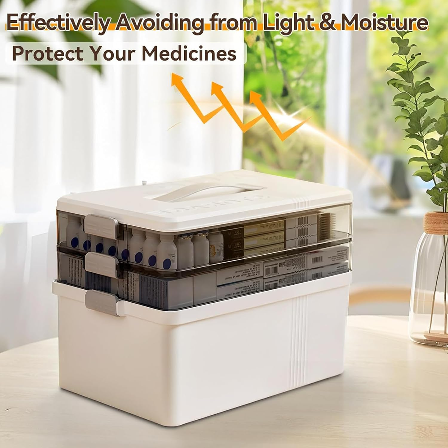 3-Layer Medicine Storage Box, Large Capacity First Aid Organizer with Handle, Moisture-Proof & Dustproof, Multi-Purpose Plastic Storage Container for Medicine, Cosmetics,Household Essentials image number 6