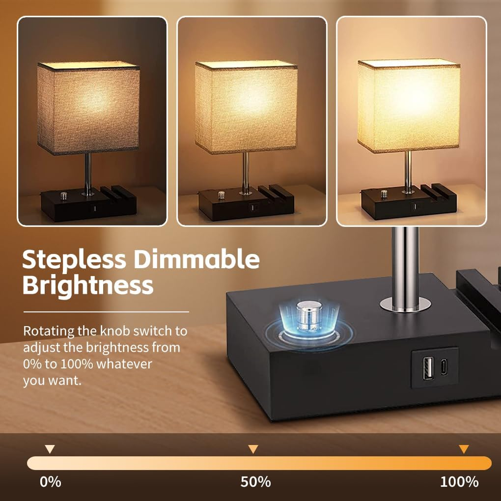 Clora Bedside Lamp with USB A+C Charging Ports, Dimmable Table Lamp with 2 Phone Stands and Fabric Shade 6W LED Bulb Included Nighstand Light for Living Room Bedroom Home Office Dorm Gift image number 2