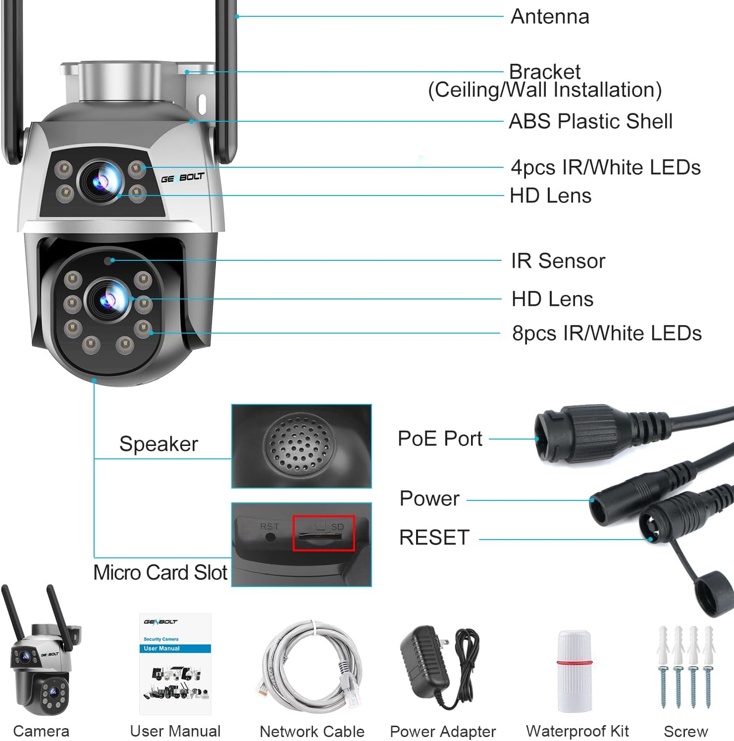 GENBOLT Wifi Security Camera Outdoor with Poe, Dual Lens Home Surveillance IP Camera CCTV with Color Night, Auto Tracking Human Detection Pan Tilt Digital Zoom Spotlight Camera image number 6