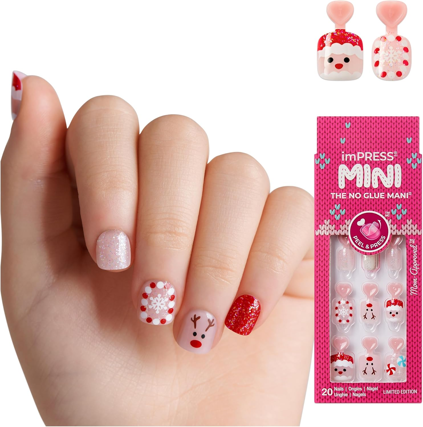 KISS Impress Mini Holiday Press on Nails for Kids, &lsquo;Snow Angel&rsquo;, Red, Child Size, Squoval Shaped, Mess-Free, Mom Approved, Non-Toxic, Breakaway Application Tabs, Nail File, 20 Fake Nails image number 4