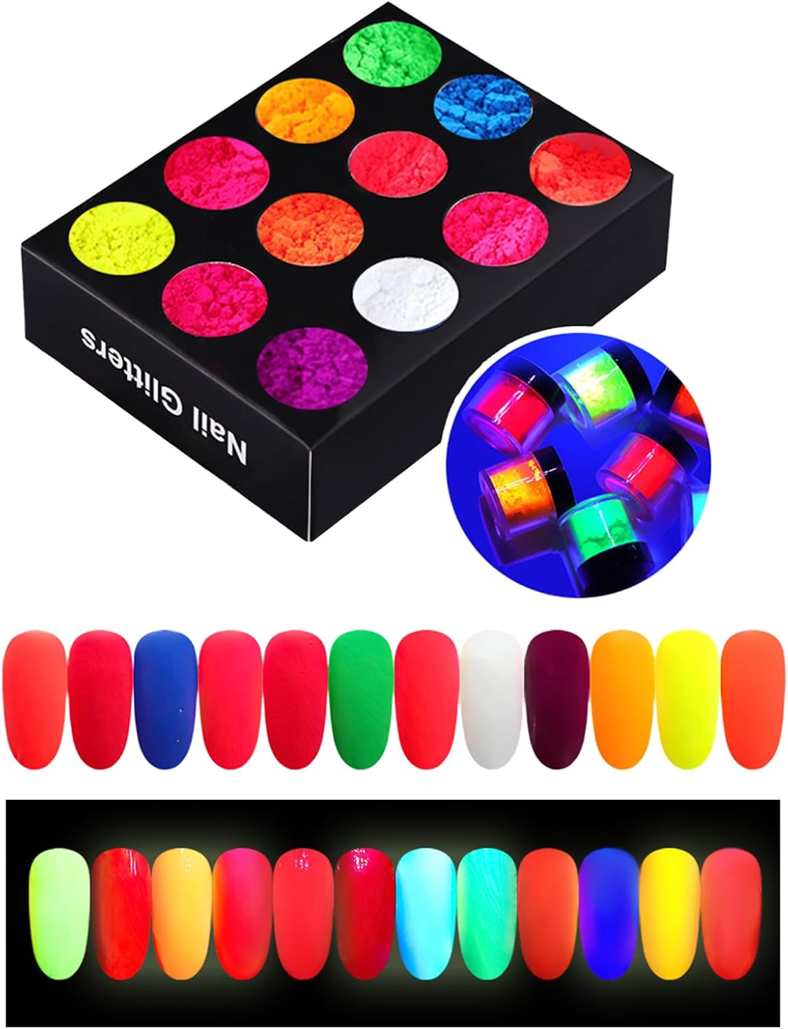 Enmart Fluorescent Nail Powder, Neon Phosphor Pigment Powder Set, Ultrafine Luminous Nail Pigment Dust for DIY Nail Decoration, Waterproof Glitter Eyeshadow, 12 Colors