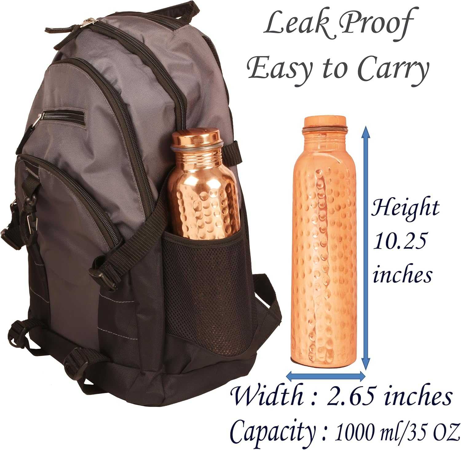 Indtresor Pure Copper Water Bottle - Handcrafted - Ayurveda Health Benefits - Large 35 Oz - Leak Proof, Easy to Carry for Sports, Fitness, Yoga, School - Natural Hammered Beaten Copper Finish image number 3