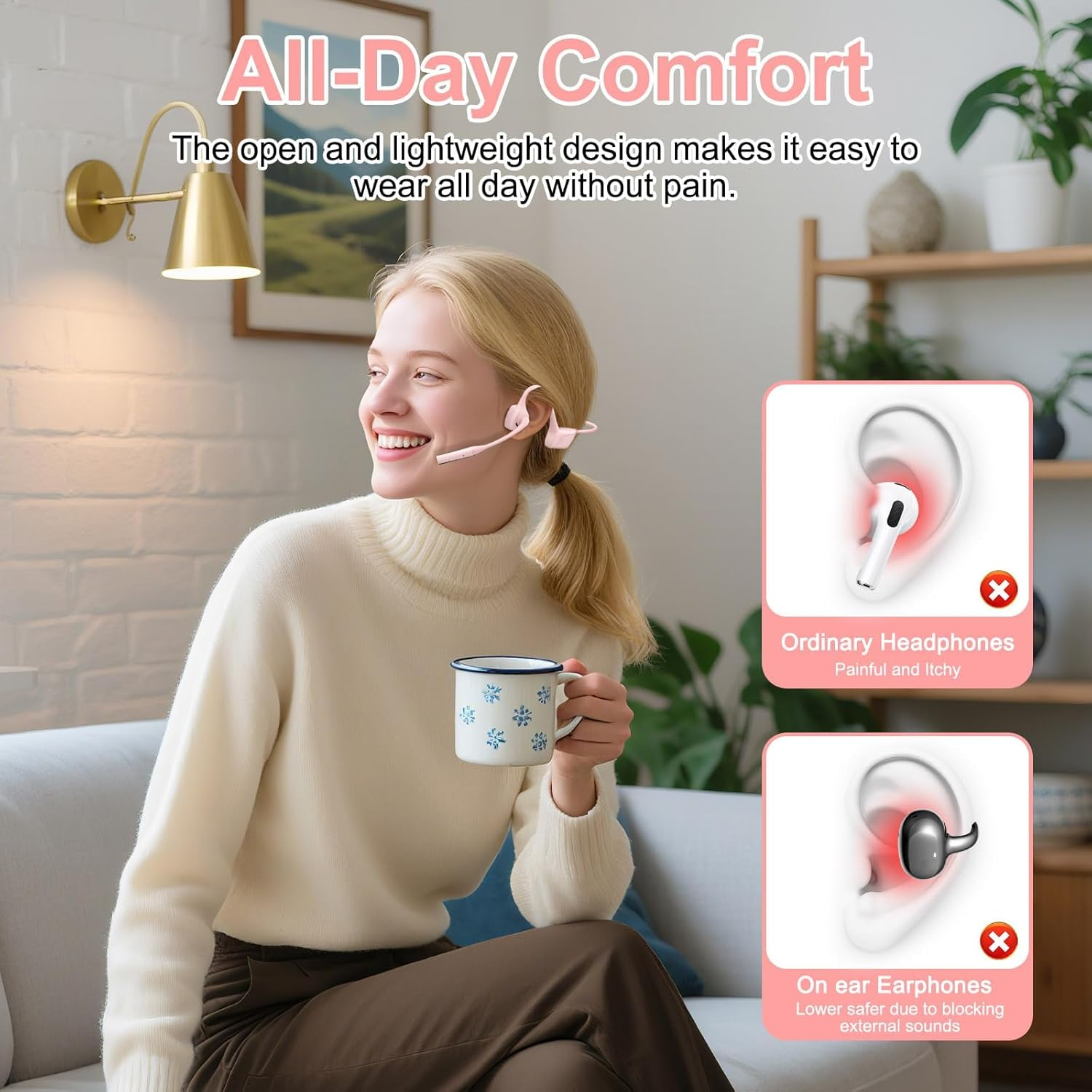 ZIOCOM Open Ear Headphones with Mic, Aptx-Ll Wireless Headset Mute Button, for Driving, Phone Call, Office-Not Bone Conduction(Pink) image number 2