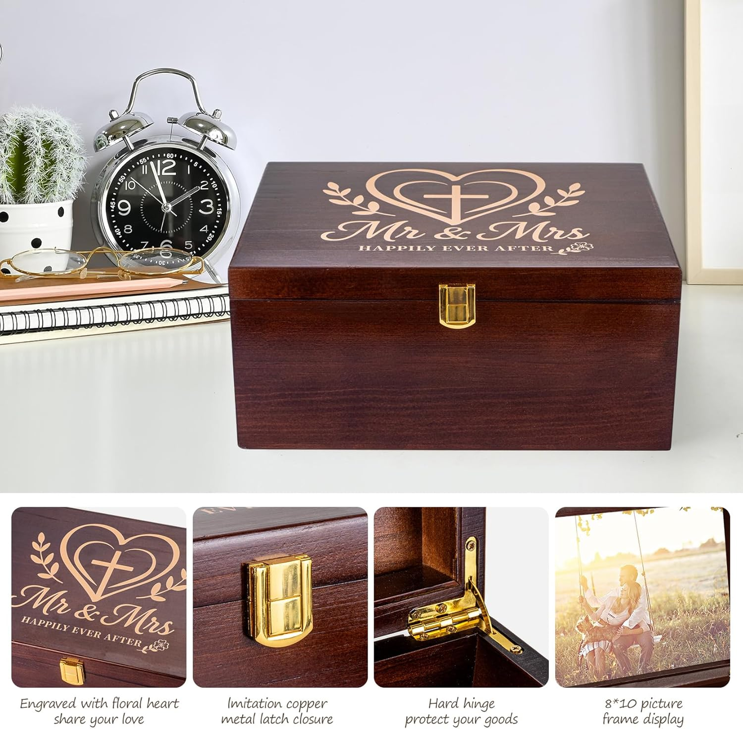 Larger Wooden Wedding Memory Keepsake Boxes with Hinged Lids and a Photo Frame inside the Lid Bridal Shower Gifts - Engagement Gifts for Couples Newlyweds Mr Mrs Couple Bride Gift - 5.3&ldquo;*8.6&rdquo;*11.7&ldquo; image number 3