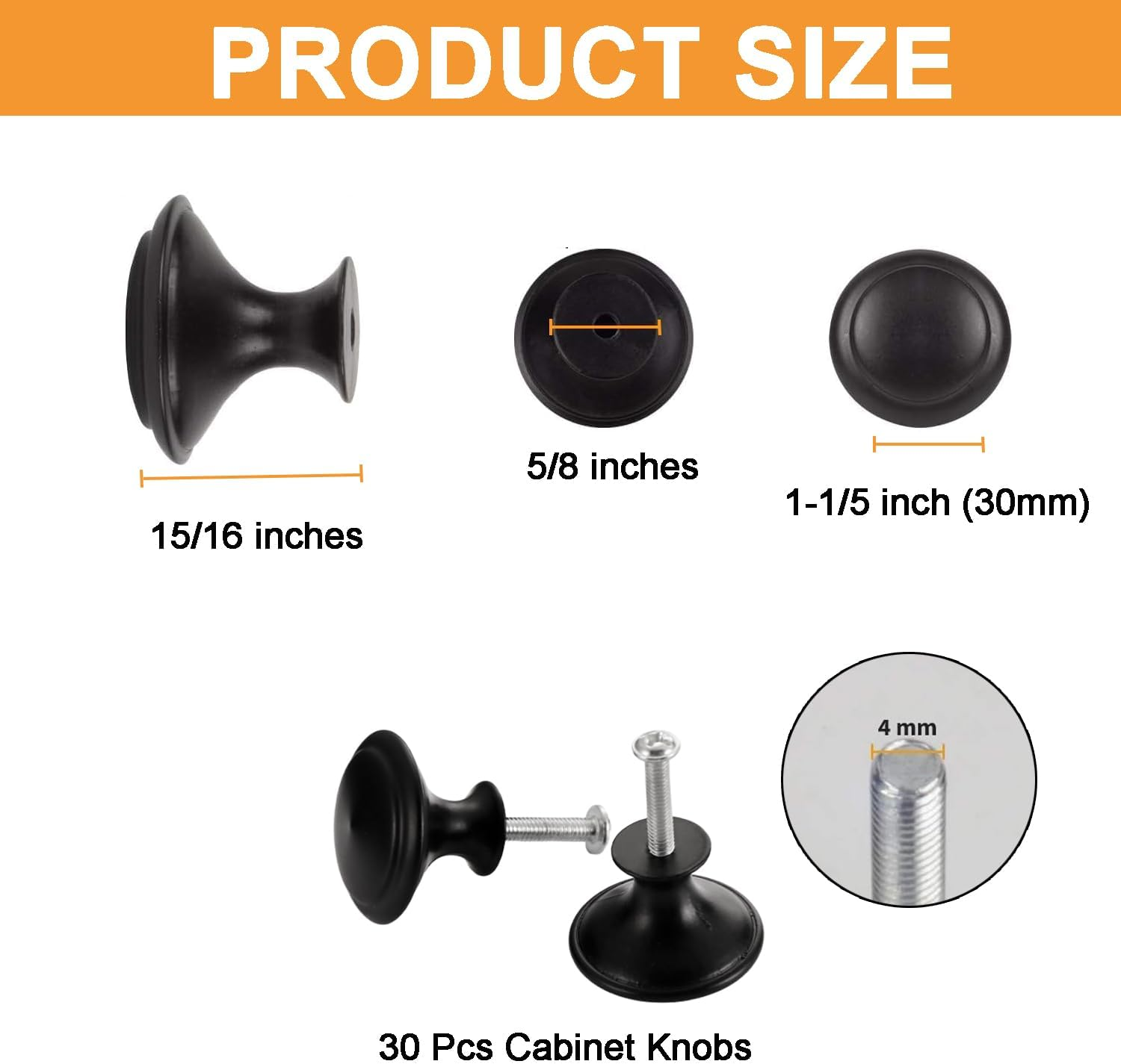 30 Pack Cabinet Knobs, 1-1/5 Inch Matte Black Drawer Knobs, Kitchen Cabinet Hardware & Pulls with Screws image number 2