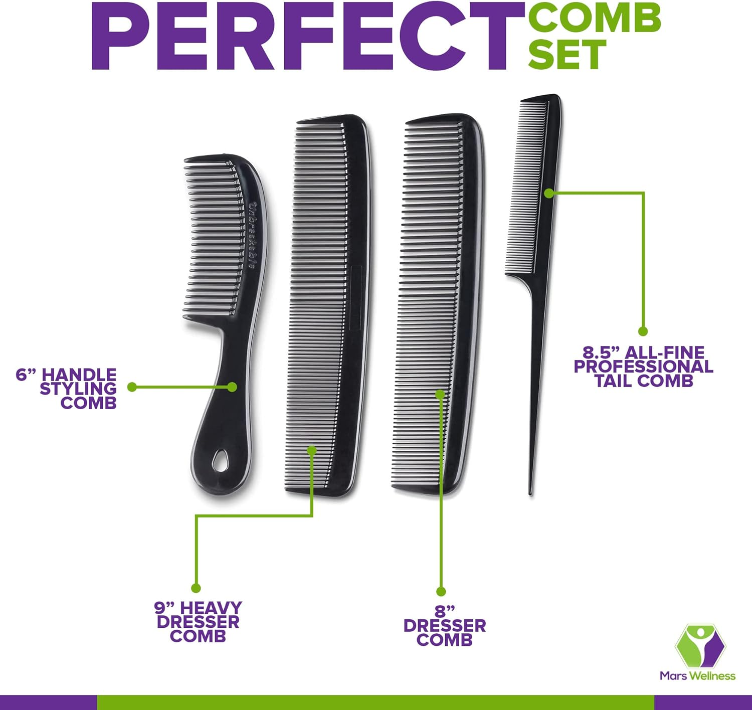 Mars Wellness 4 Piece Professional Comb Set Black - USA MADE - Fine Pro Tail Combs, Dresser Hair Comb Styling Comb - Premium Grade for Men and Women - Parting Teasing and Styling image number 1