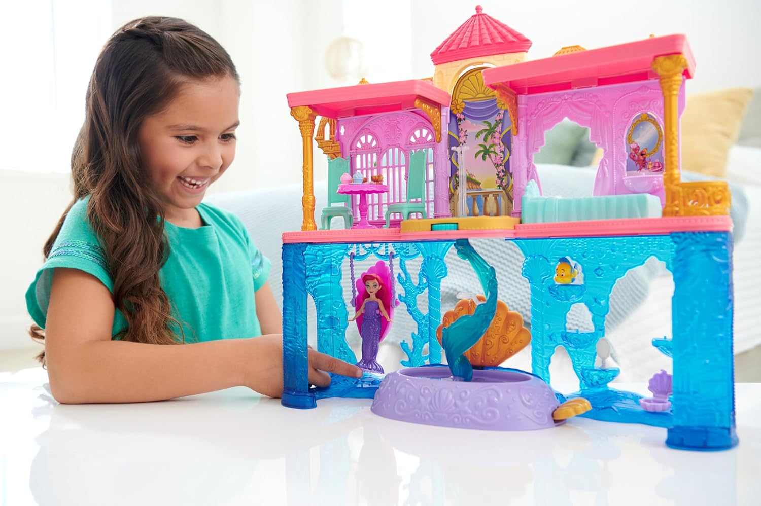 Mattel Disney Princess Doll & Playset, Ariel Land & Sea Castle, Stackable Doll House with Small Doll, Friend, 12 Accessories & Pool image number 4