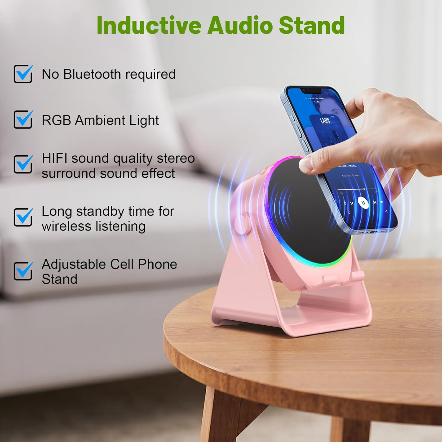 Wireless Induction Speaker, Cell Phone Stand with Bluetooth Speaker, Stereo Sound, RGB Ambient Light, Phone Holder Compatible with Iphone/Ipad/Android/Samsung Galaxy (Pink) - Black image number 3