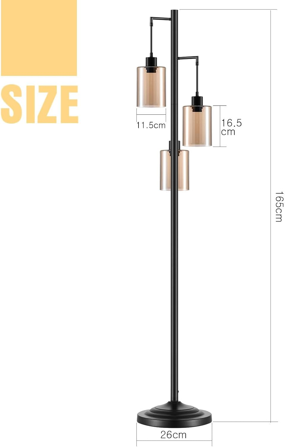 Modern LED Floor Lamp 3 Lights Black Standing Corner Reading Light Living Sitting Room Decor 165Cm with Glass Lampshades