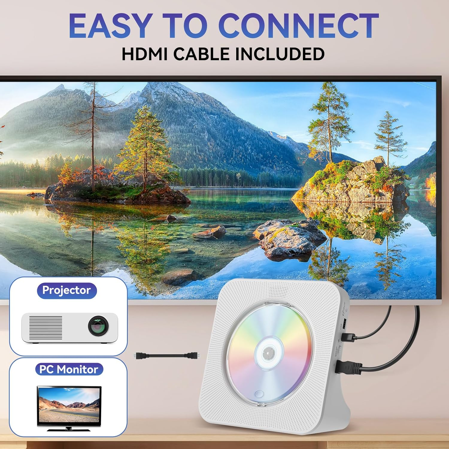 Qoosea DVD Player for TV with Bluetooth, HDMI and All Region Free Desktop DVD CD Player with Speakers Display Alarm Clock FM Radio USB Card Playback Include Remote Control, HDMI Cable(White) image number 4