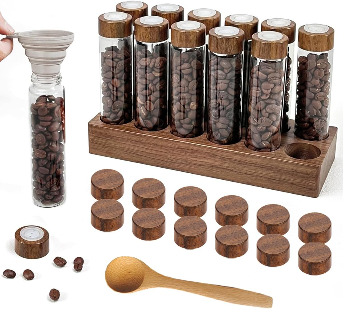 Coffee Bean Storage Tubes with One-Way Exhaust Valve and Airtight Lids, 12 Pack Single Dose Glass Coffee Bean Canisters with Walnut Solid Wood Base, Funnel, Spoon, 2Oz/60Ml image number 4
