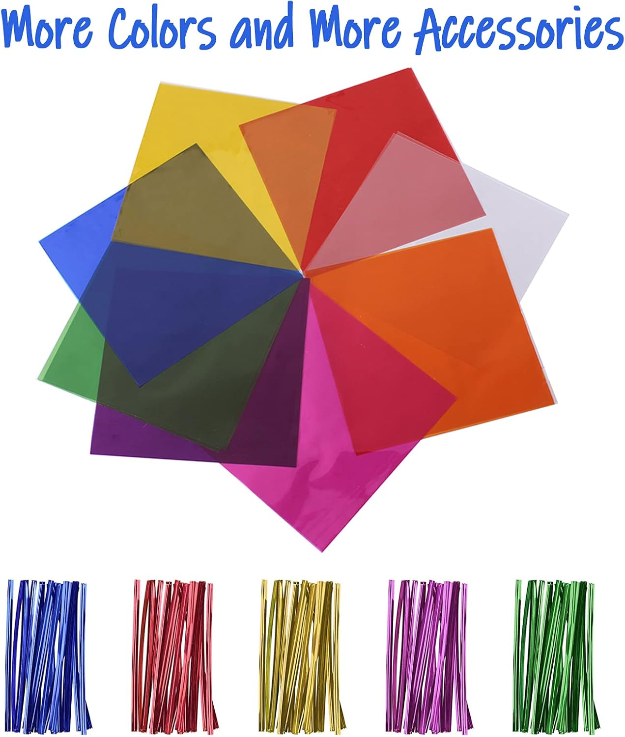 Cinvo 160 Pcs Cellophane Sheets Multi-Colored See through Colorful Sheets with Twist Ties Cello Wraps for DIY Arts and Crafts, Treats Candy Wrapping Party Supplies (7.5 X 7.5 Inch) image number 5