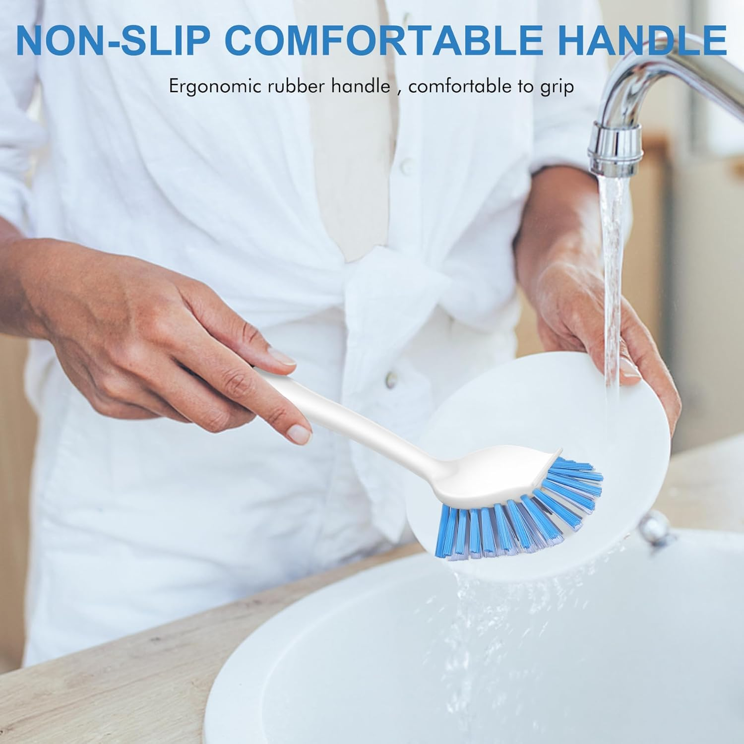 Setsail Dish Brush with Handle, 2 Pack Stiff Bristles Dish Scrubber with Built-In Scraper Dish Scrub Brushes for Cleaning Dishes, Pots and Pans, Kitchen Sink - Black-Blue image number 3