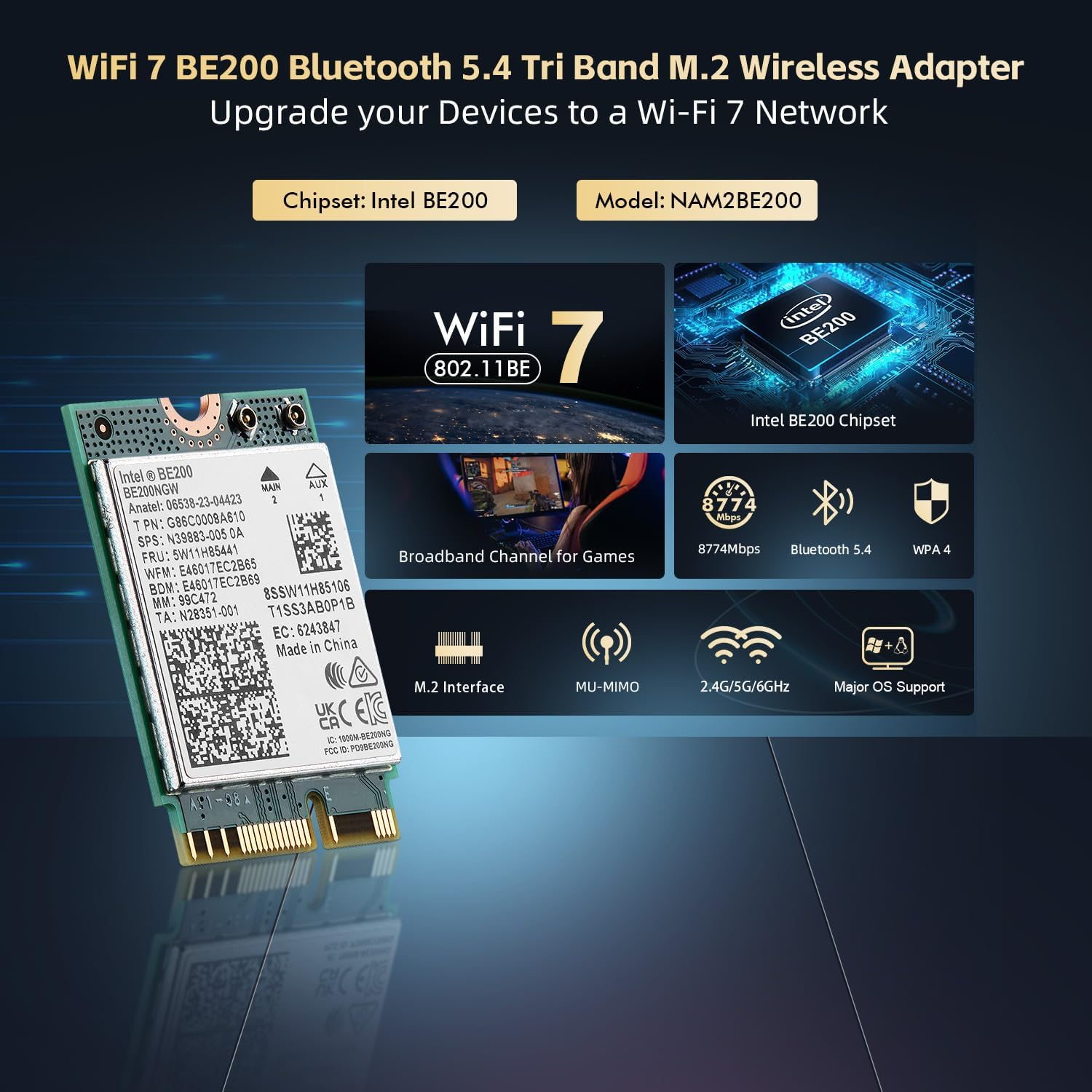 Wifi7 Card M.2 BE200 Wifi Network Adapter, Intel BE200NGW Chip Bluetooth 5.4, 8774Mbps Tri-Band 2.4Ghz/5Ghz/6Ghz OFDMA & MU-MIMO, for Laptop Windows 10/11 image number 5