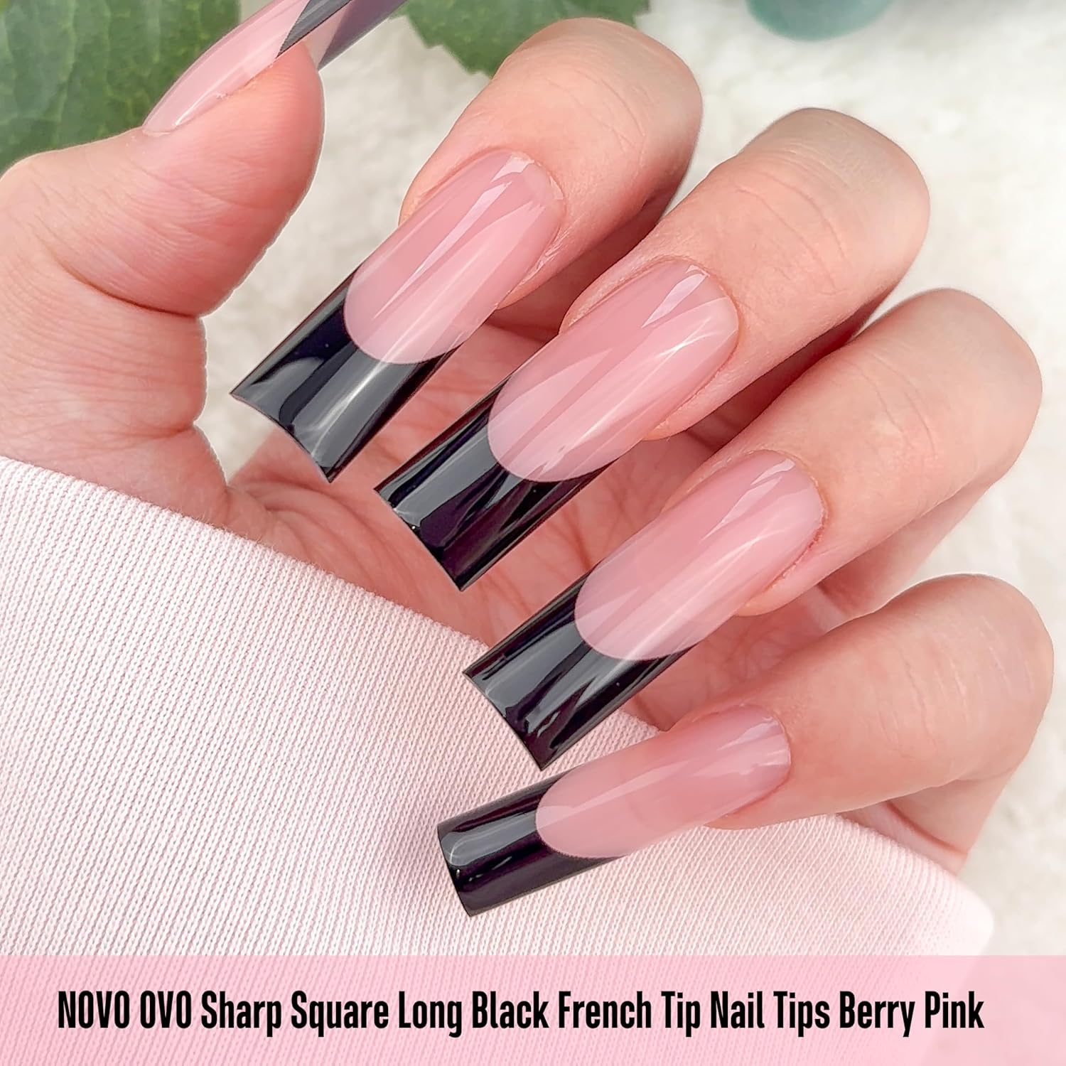 NOVO OVO Long Sharp Square Black French Tip Nail Tips Press on Berry Pink, Extra Thick Need Builder Gel & Top Coat & Glue, Soft Gel Extension Full Cover for DIY 15 Sizes, Pack of 180 image number 2