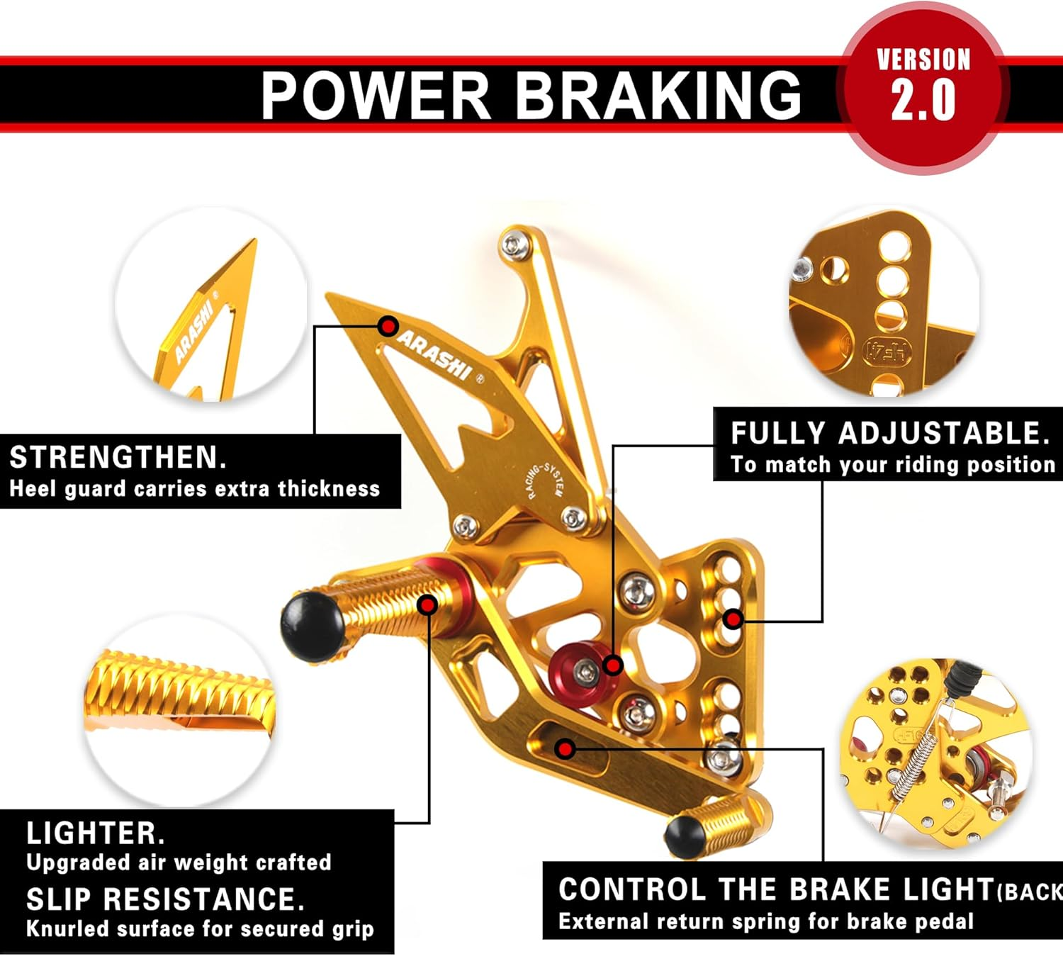 Arashi Version 2.0 Adjustable Rearsets for Yamaha YZF R1 2009-2014, Gold