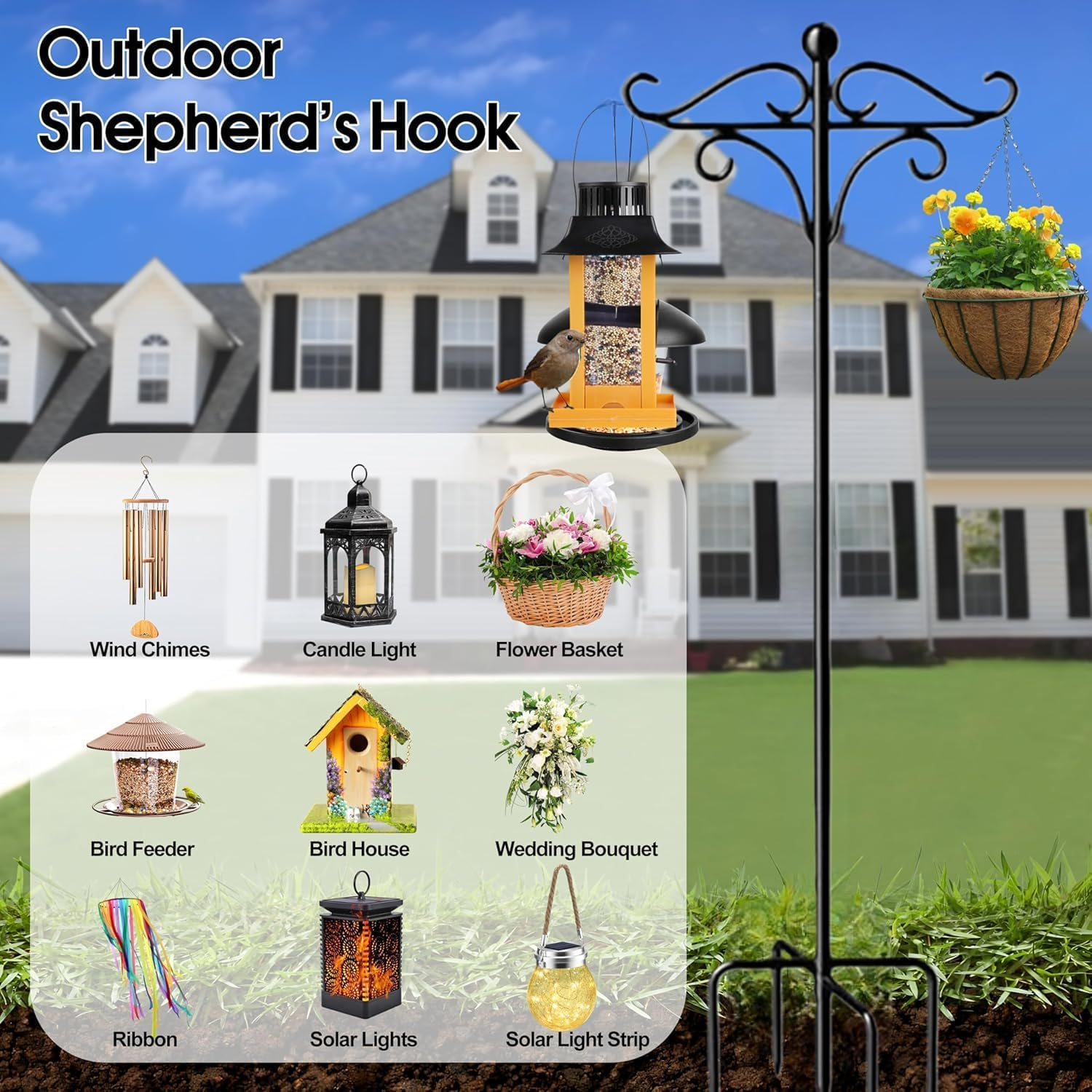 2PCS Shepherd Hooks Outdoor, 92 Inch with 5 Prong Base, Heavy-Duty Bird Feeder Pole Stand for Hanging Plant, Flower Pots, Lanterns, Wind Chime, Weddings Decor image number 1