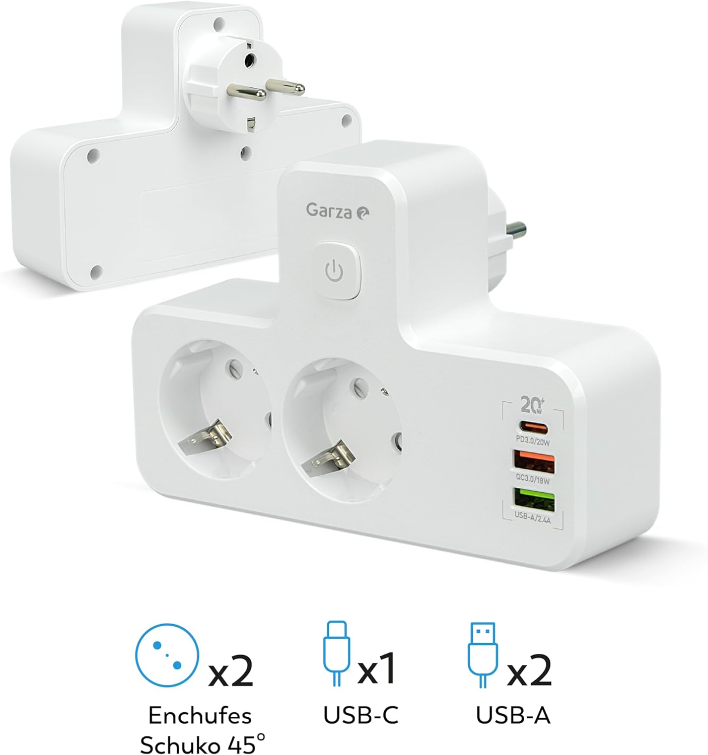 Garza - 5-In-1 Adapter with 2 Schuko Sockets, 2 USB-A and 1 USB-C PD20W, Fast Charge, Dimmable Touch Night Light, Child Protection and Overheating Protection