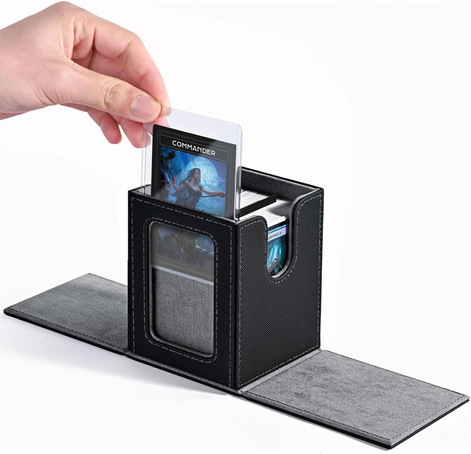 Card Box with MTG Commander Display, Patented Design Card Holder Can Hold More than 100 Double Sleeve Cards, PU Leather Card Storage Box for TCG with 2 Partitions, 1 Top Loader (Black&Blue)