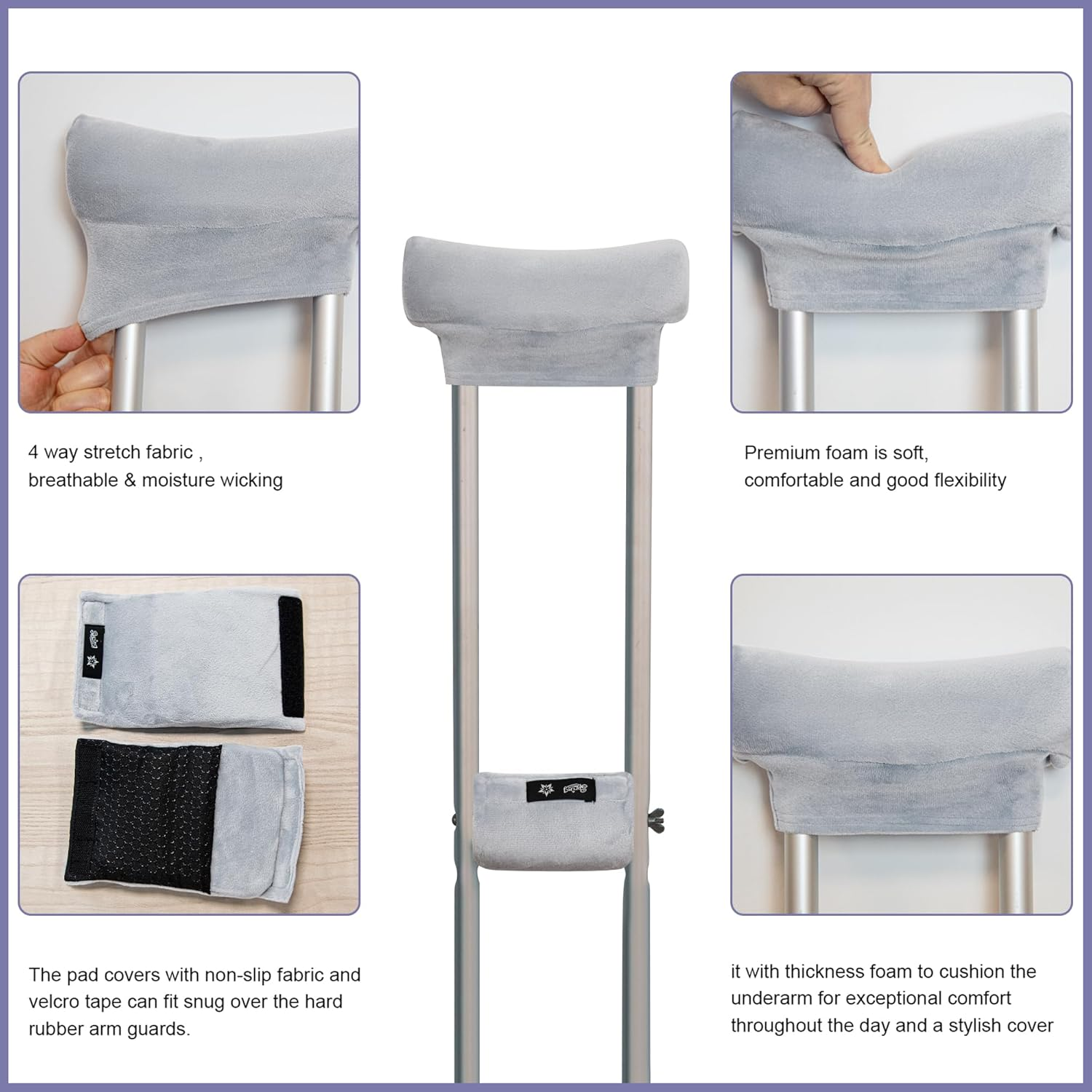 Spring Seaon Velvet Crutch Pads Underarm Padded Cushion Covers Non Slip Crutch Accessories (Gray) - Gray image number 3