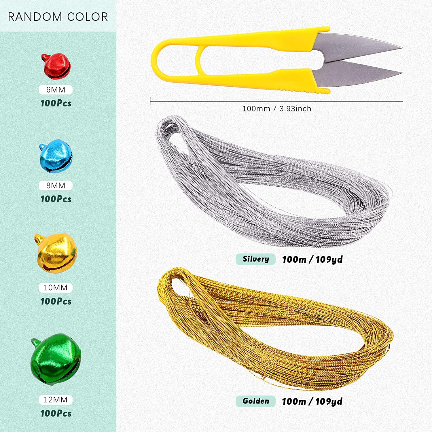 Swpeet 403Pcs Colorful 4 Sizes Christmas Jingle Bells Assortment Kit with 200M Gold Sliver Cord, Perfect for Christmas Party and Craft Decorations DIY