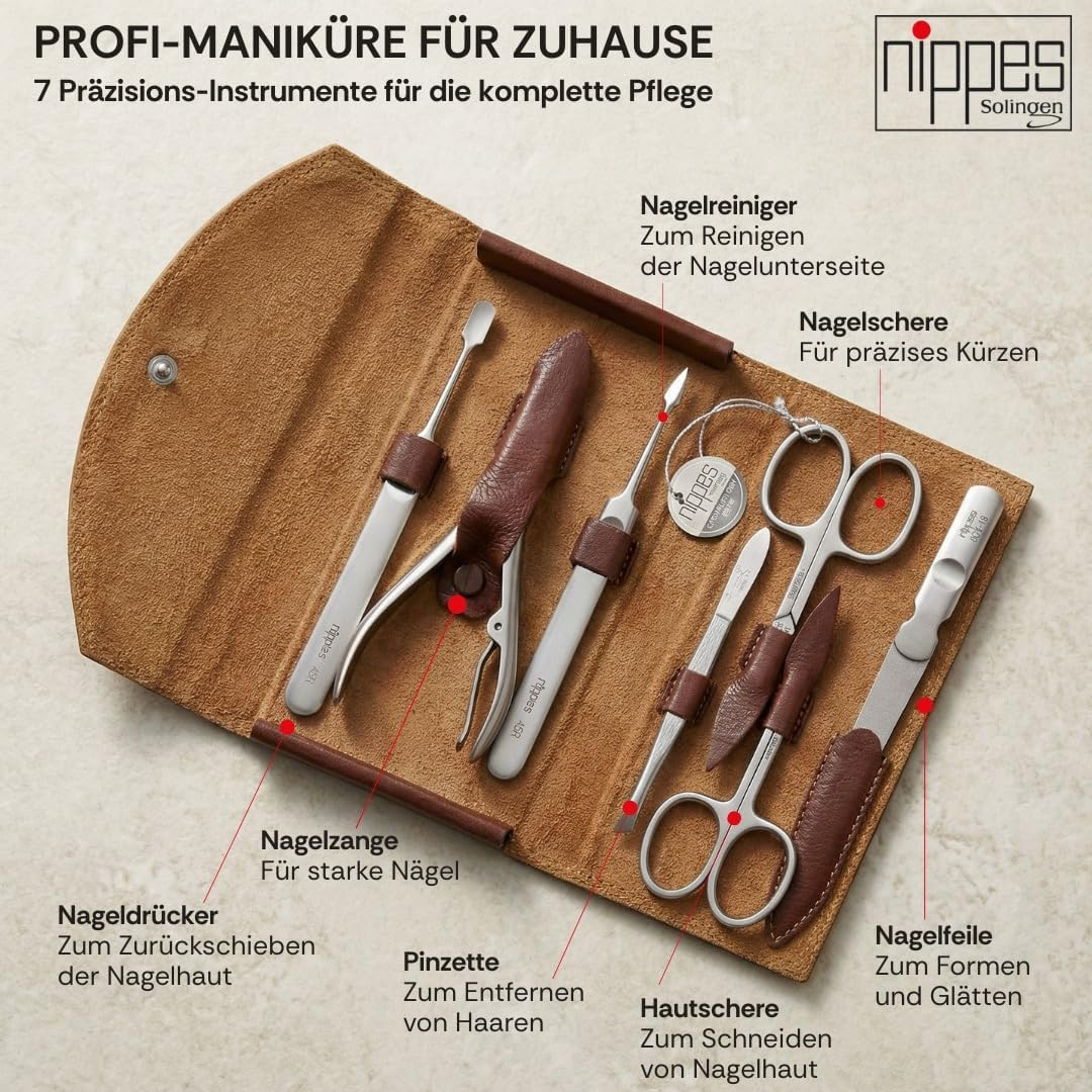 Nippes Solingen Classic Premium Manicure Set, 7 Pieces, Genuine Cowhide Leather Nail Case, Brown, Stainless Steel, Nickel and Rustproof, Nail Set, Nail Care Set, Made in Solingen/Germany image number 1