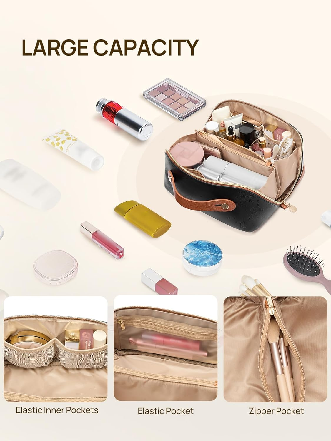 DDPOND Makeup Bag Large Capacity Travel Cosmetic Portable PU Leather Water Resistant Organizer Bags for Women with Handle and Divider Open Flat Beige with Brown image number 4