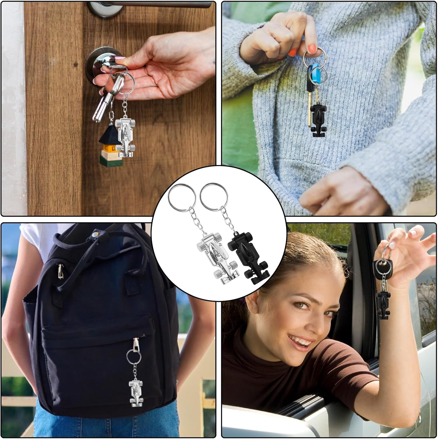 2 Pcs Silver Black Racing Car Keyring Set F1 Key Chains Present for Men Dad Motorsport Fans Fathers Day Birthday Present Durable Metal Key Ring Accessories image number 2