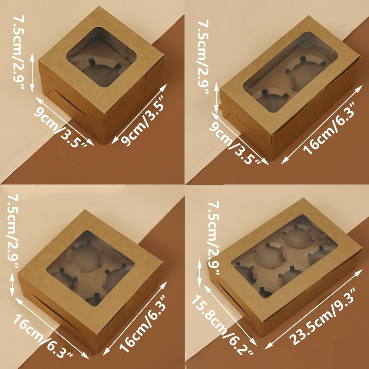 AIMALL 25Pcs Kraft Paper Cupcake Boxes with Window, 1/2/4/6/8/12 Cupcake Capacity, Maffen Packing Box for Desserts - 1 Hole image number 3