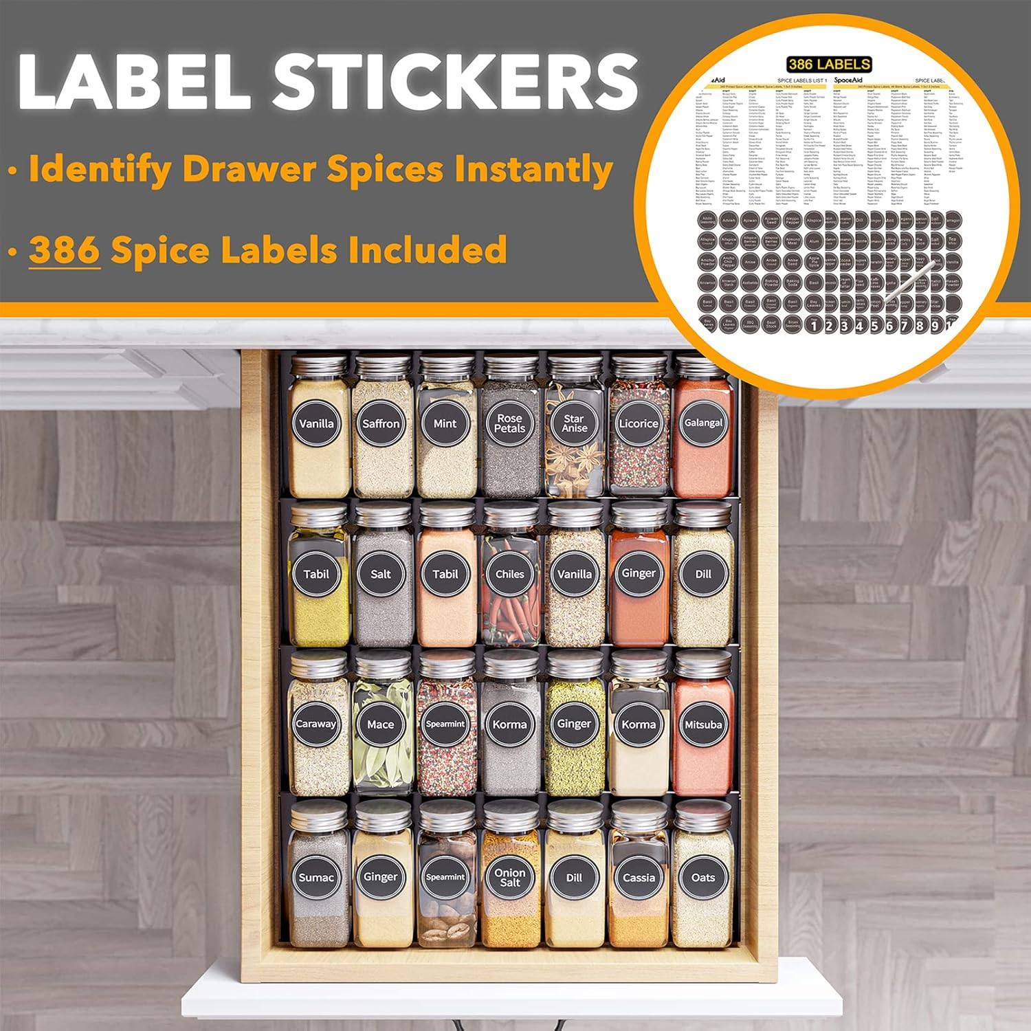 Spaceaid Spice Drawer Organizer with 28 Spice Jars, 386 Spice Labels, 4 Tier Seasoning Rack Tray Insert for Kitchen Drawers, 13" Wide X 17.5" Deep image number 3