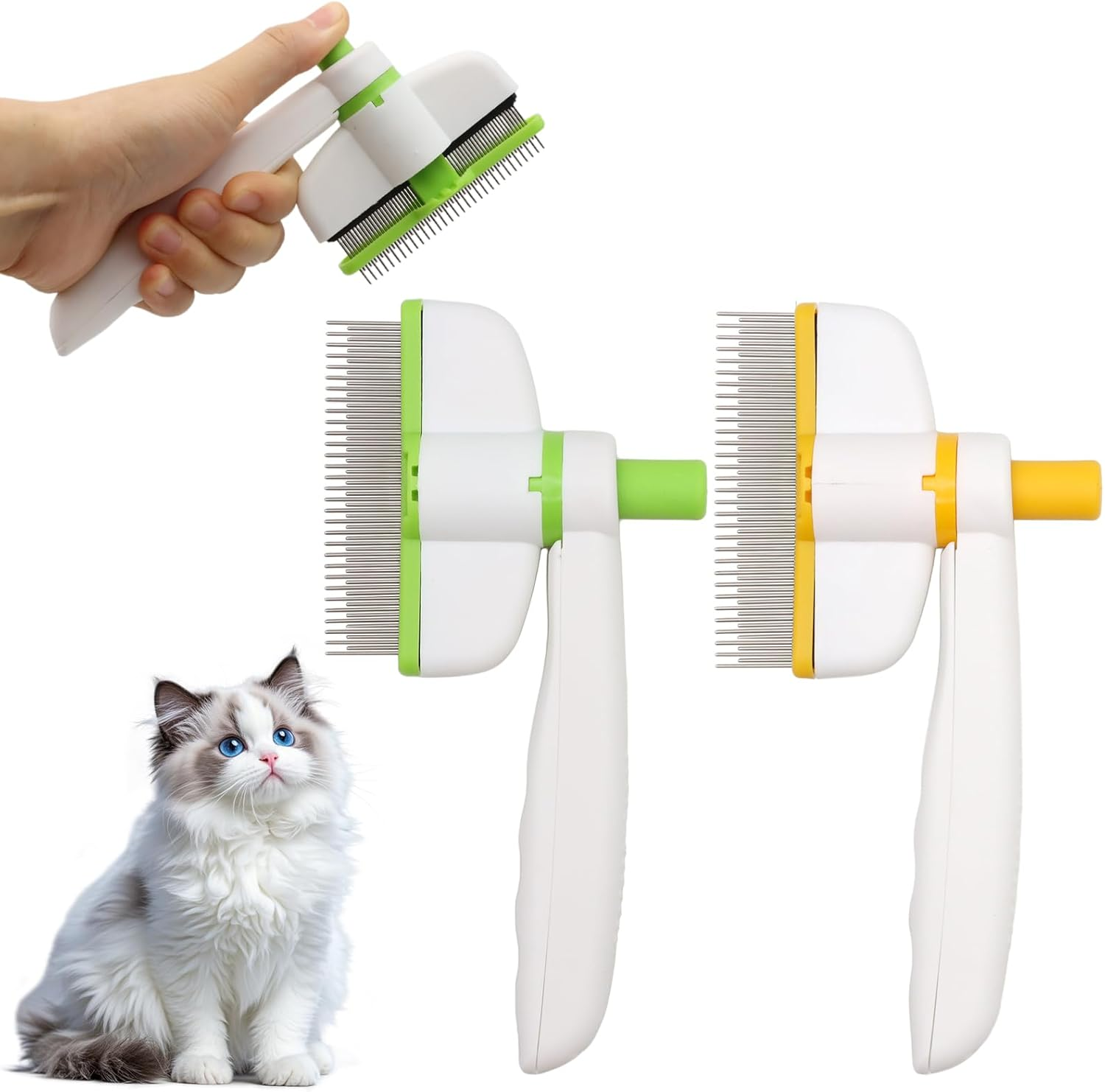 VEGCOO Pack of 2 Self-Cleaning Cat Comb, Rotating Comb for Cat and Dog Hair, Cat Comb Dog Combs, One Touch Cleaning, Removes Loose Hair image number 1
