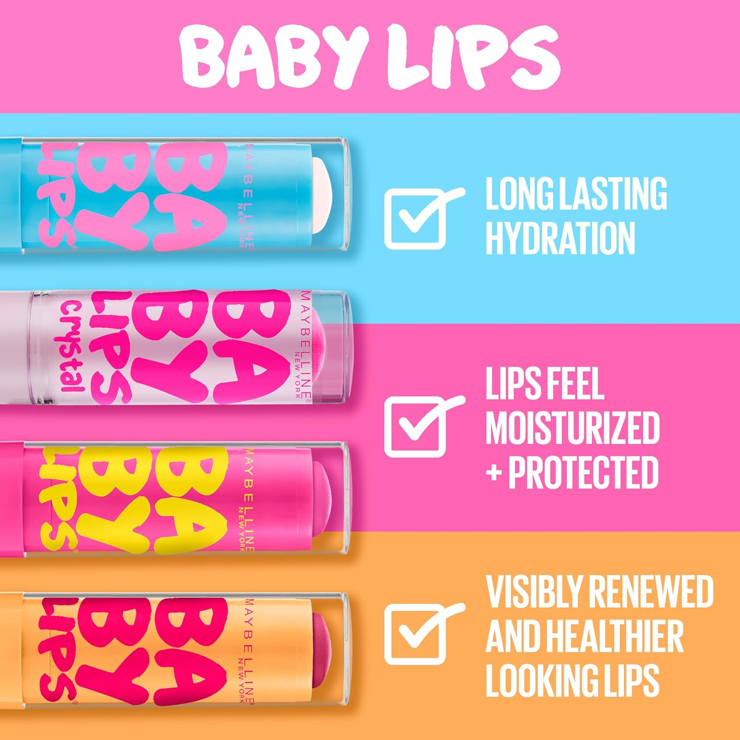 Maybelline New York Baby Lips Moisturizing Lip Balm 3-Pack, Lip Care Essentials, 3 Shades