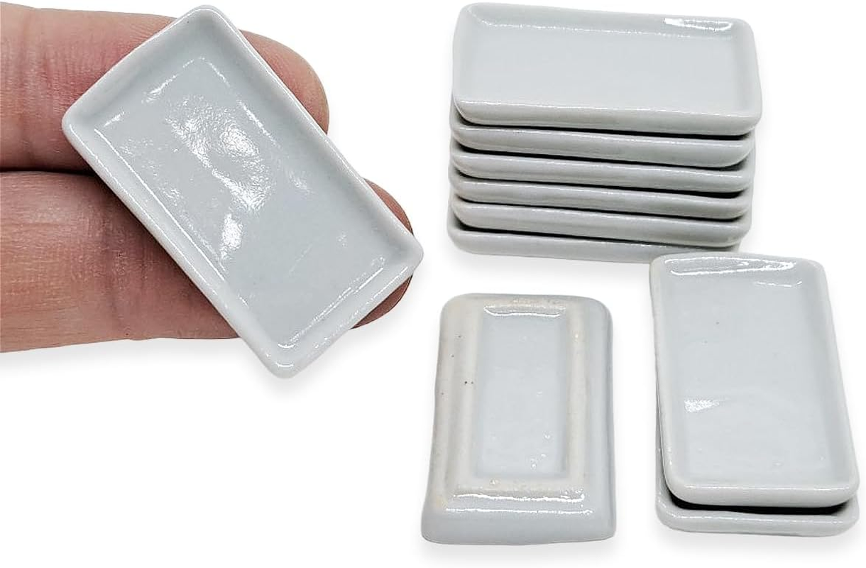Changthai Design Very Tiny 1&frac14;" Long White Rectangle Ceramic Serving Tray 10 Pieces Set - Miniature Tableware Plate Crockery Cutlery Kitchenware Handmade Mini Porcelain Decorative Collectible Gifts image number 3
