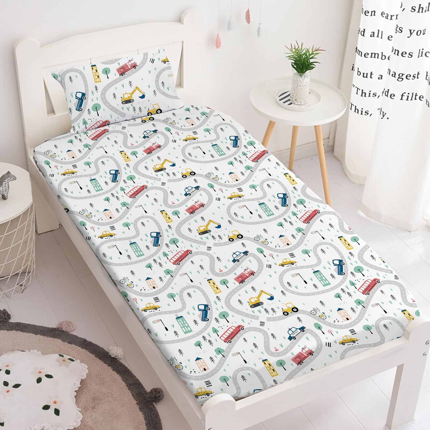 Yasida Twin Kids Fitted Sheets Road Traffic Themed Sheet and Pillowcases Set Cute Cartoon Truck Bed Boys Twin Sheet Set 2 Piece Bedding Decor Set image number 6