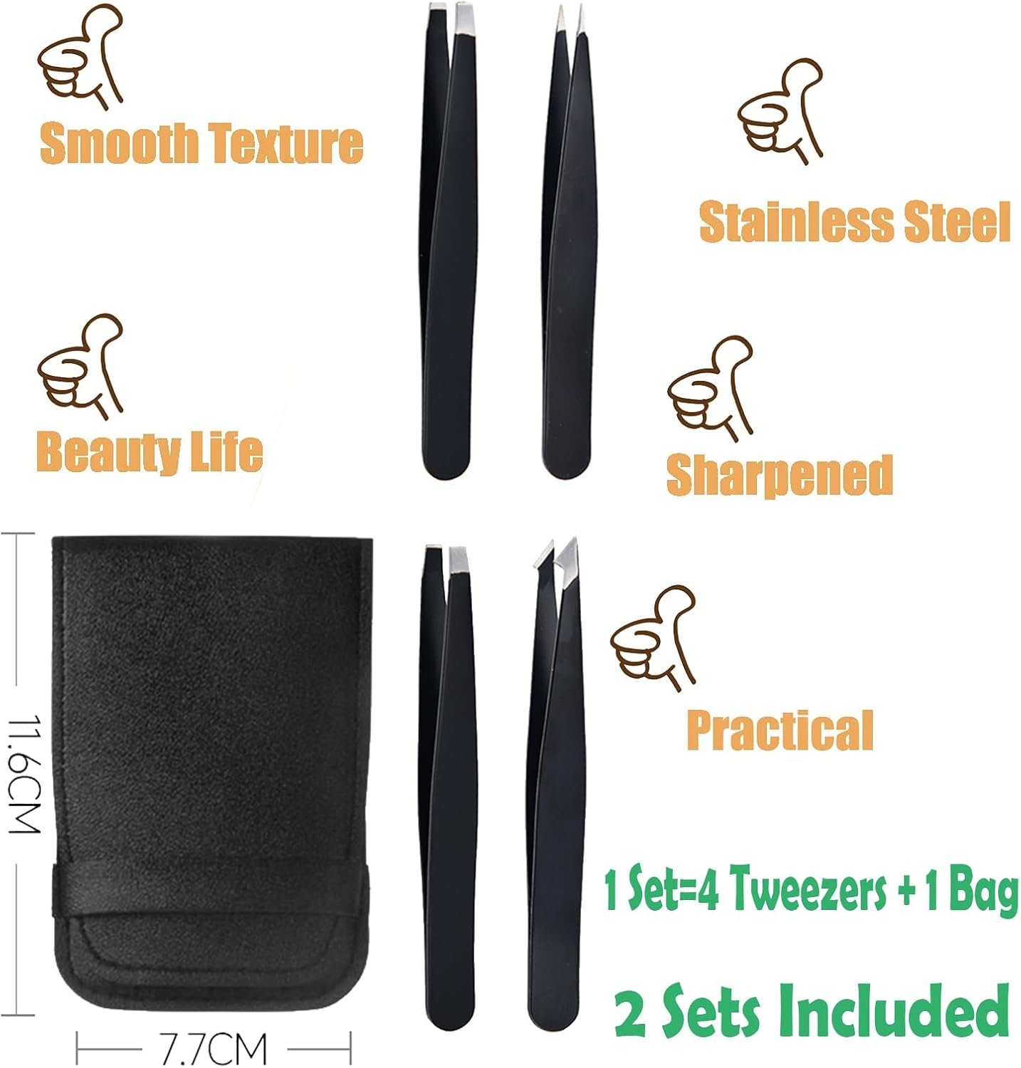 Professional Precision Tweezer Set 4 Types (Pointed, Hooked, Slanted, Straight), Stainless Steel Eyebrow Tweezers with Sharp Tight Bite, Eyelash Tweezers for False Eyelashes Fine Hair Removal (8PCS)