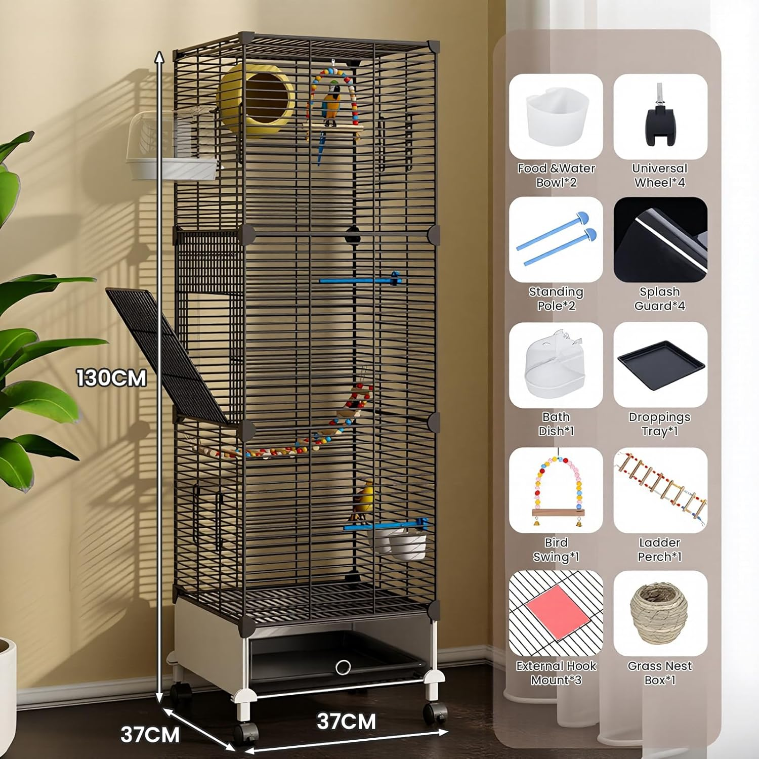 Uandhome Large Bird Cage, Wrought Iron Parrot Cage, Bird Cages with Wheels, Parakeet Flight Cage, Side Nesting Doors, Heavy-Duty Pet Birds House for Birds Aviary, Parakeets, Standing Birdcages(Black) image number 5