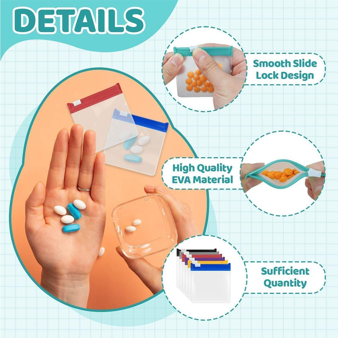 35Pcs Pill Pouch Bags Zippered, Reusable Translucent Medicine Pill Organizer Vitamin Organizer Set, Portable Pill Baggies Small Zippered Pouches for Travel Office School (7 Colors) image number 3