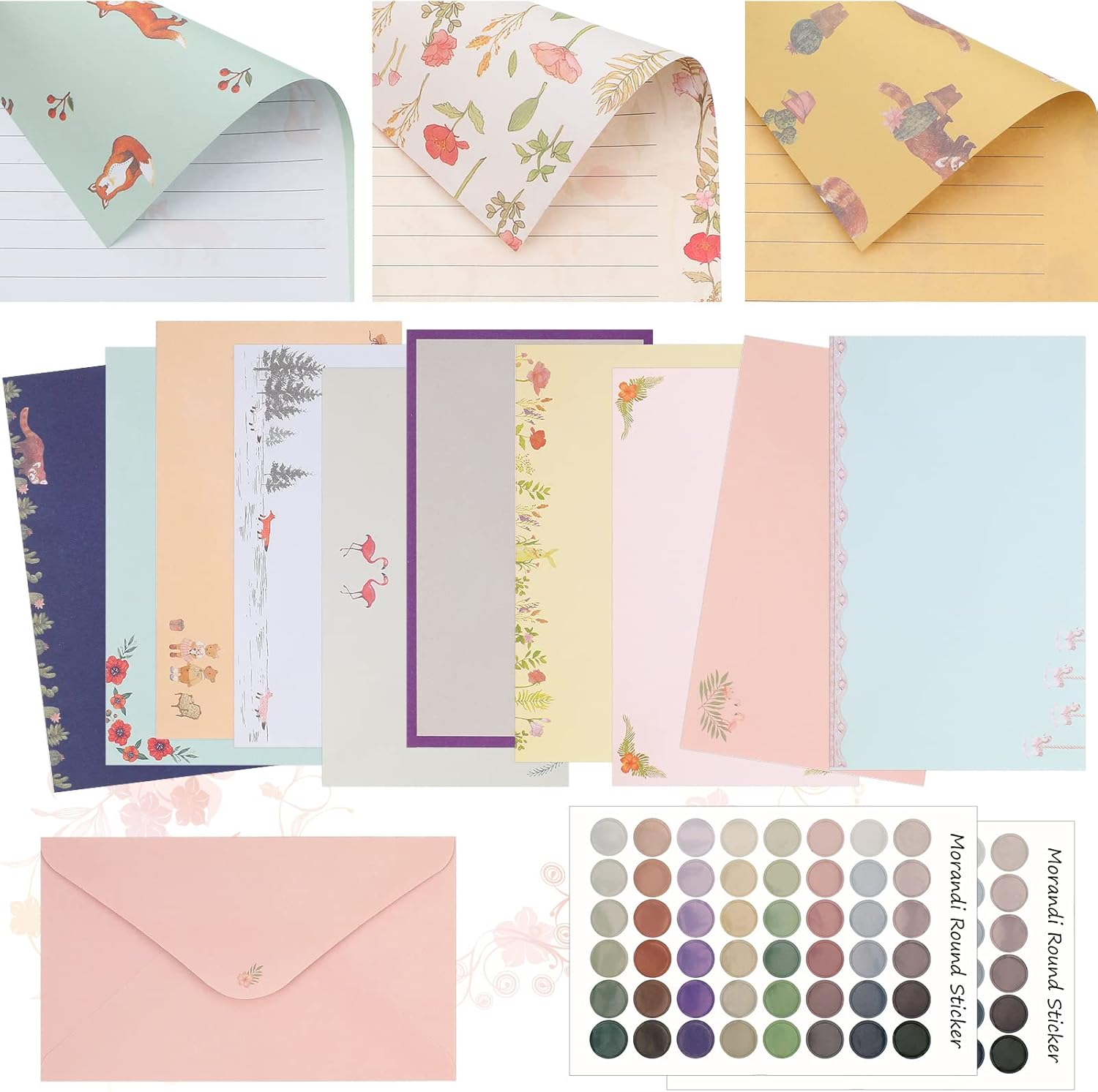 Laumoi 180 Pcs Papers and Envelopes Set - 60 Envelopes, 120 Lined Writing Paper, 96 Colorful round Dot Stickers, 10 Designs (Vibrant) image number 5