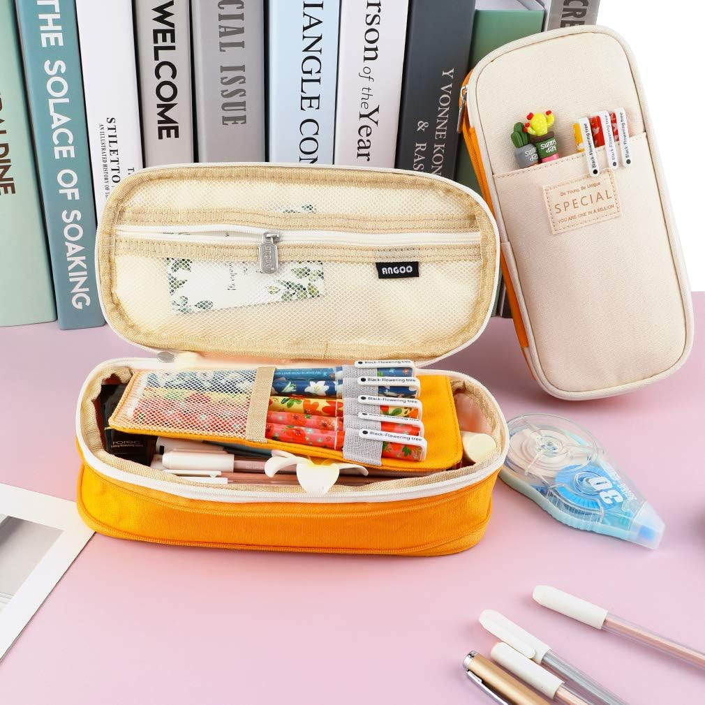 Isuperb Pencil Case Large Capacity Student Pencil Bag Canvas Pencil Pouch Girls Women Stationery Storage Bag Double Zipper Pencil Organizer for High School Office Students Teens Adults, Yellow image number 1