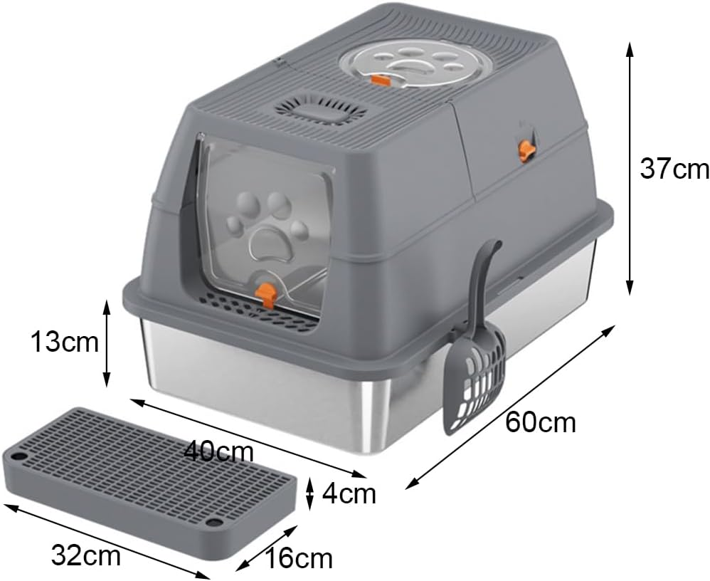 HPAMR Stainless Steel Cat Litter Box with Lid, Large Litter Box, Stainless Steel Cat Litter Box with High Side, Include Cat Mat and Scoop, Enclosed Removable Metal Litter Boxs