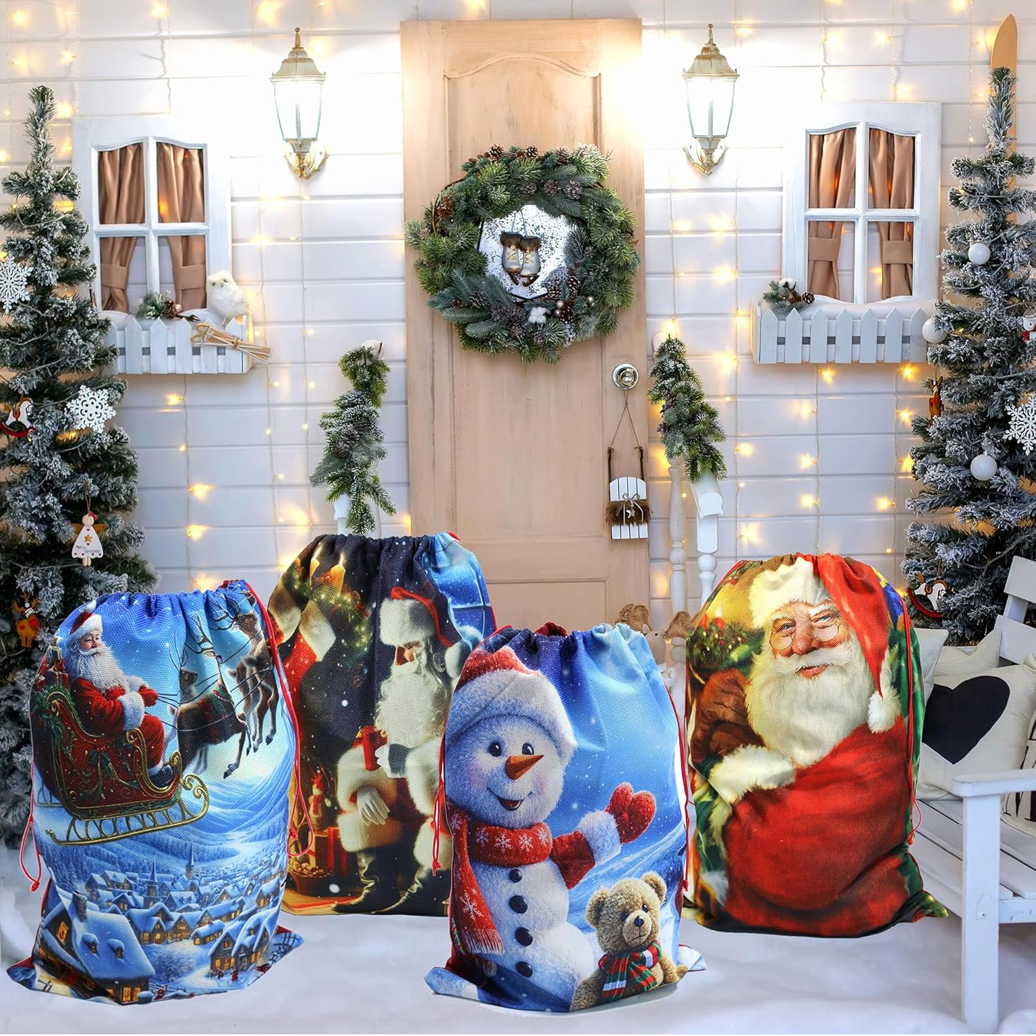 4 Pack Christmas Sacks - 13.8''X19.7''/35X50Cm Medium Hessian Bags. Reusable Burlap Santa Sacks with Drawstring for Xmas Presents & Decorations image number 4