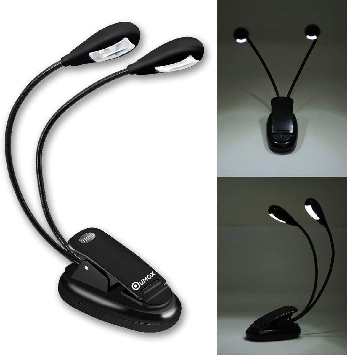 QUMOX LED Book Light, Portable Music Stand Lights, Dual Head, 4-Level Brightness, USB Cord Included, Daylight White, Clip Light, Task Lighting image number 1