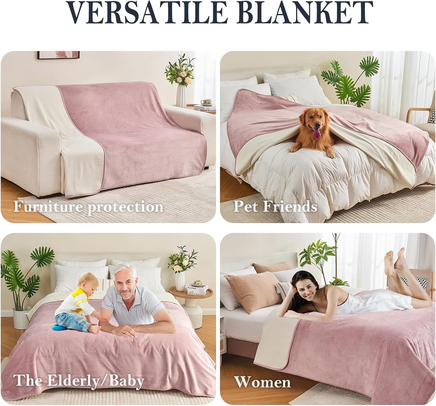Yaning Waterproof Blanket 80"X90" for Adults, Reversible Waterproof Bed Cover for Dogs Cats Pets, Soft Leakproof Blanket for Bed Couch Sofa Furniture Protector, Dusty Pink/Off White image number 2