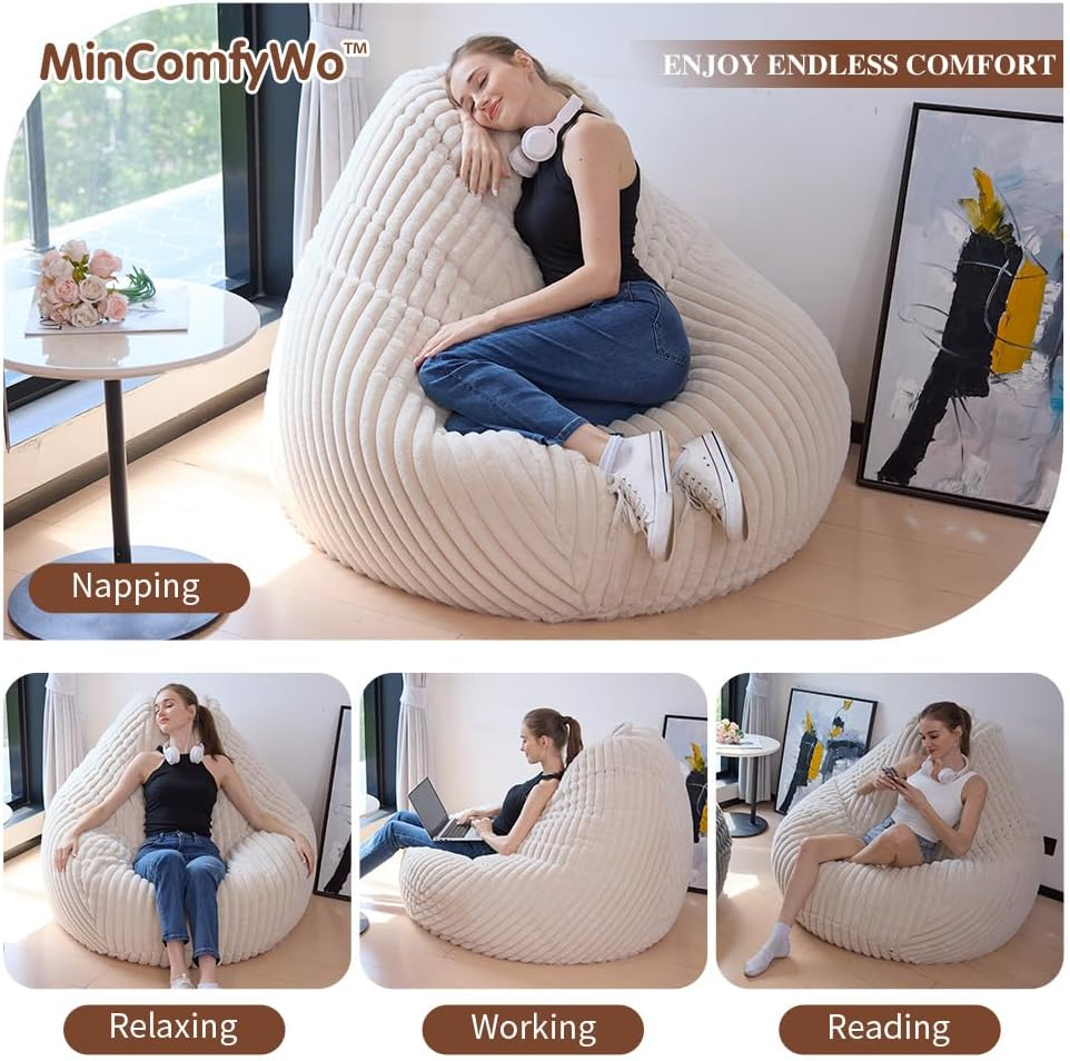 Mincomfywo Large Bean Bag Chair Cover (No Filler)- Stuffable Soft Beanbag Cover, Adults Lounge Gaming Lazy Sofa Bed for Living Room Bedroom (XL, Beige) image number 6
