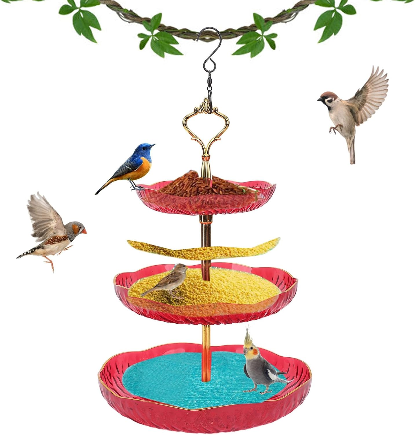 Pomya Hanging Bird Bath Tray, Aesthetic Enduring 3 Tier Hanging Bird Feeder Acrylic Promote Air Circulation for Backyard (Red)