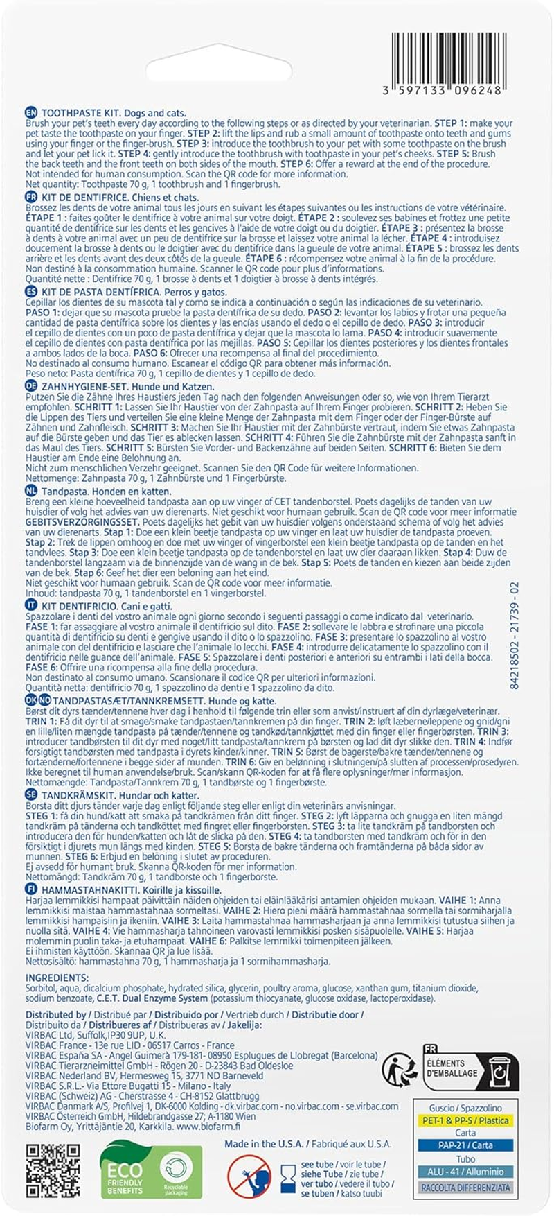 Virbac C.E.T. Oral Hygiene Kit for Cats and Dogs | 3 Piece Set with Dual Ended Toothbrush, Fingerbrush, and Poultry Flavor 2.5 Oz Tube of Toothpaste | Remove Plaque & Tartar Buildup image number 3