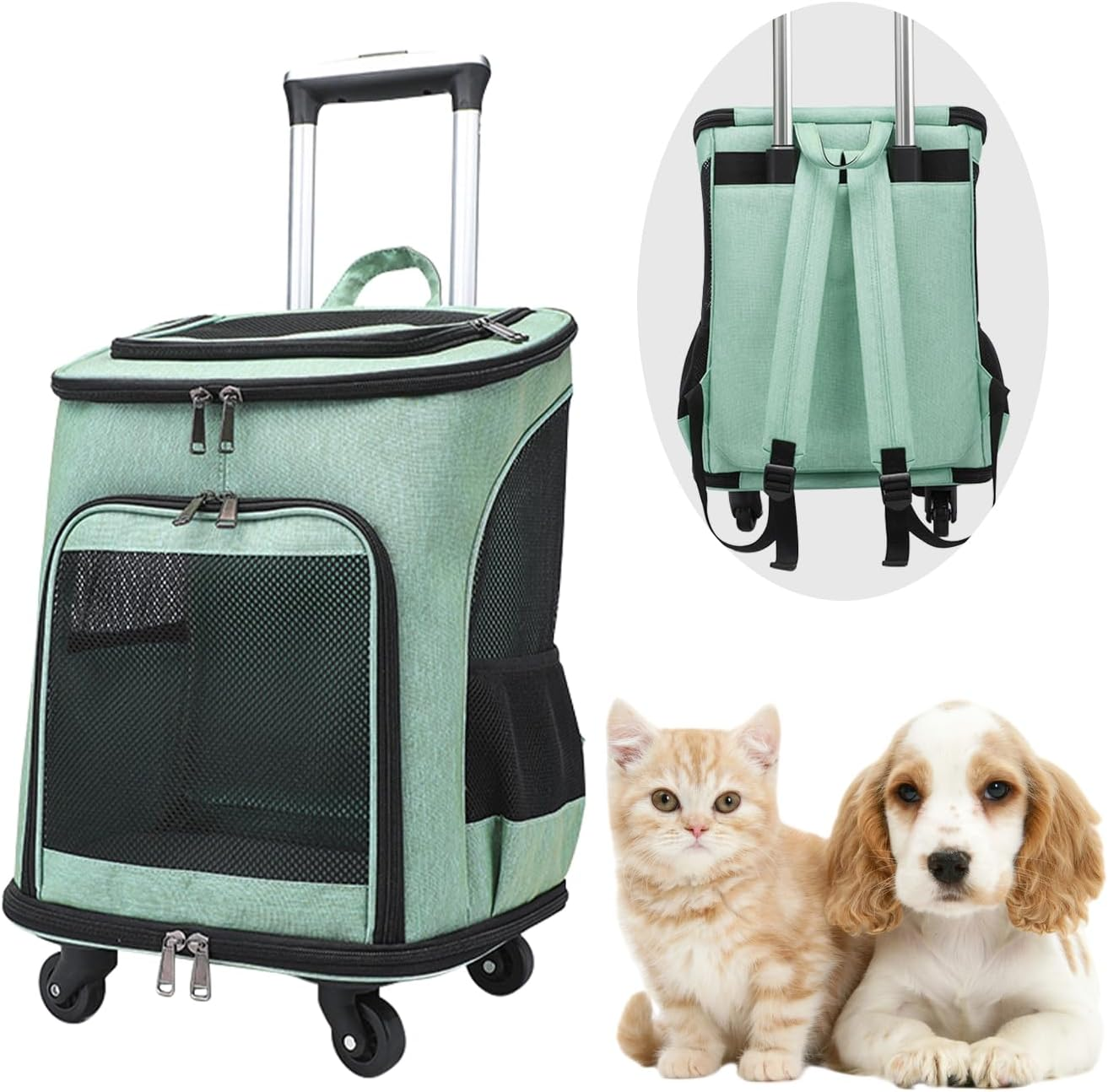 Rolling Pet Carrier, Portable Large Capacity Breathable Pet Carrier with Low Noise Wheels, Side Pocket anti Scratch Cat Backpack for Travel (Green)