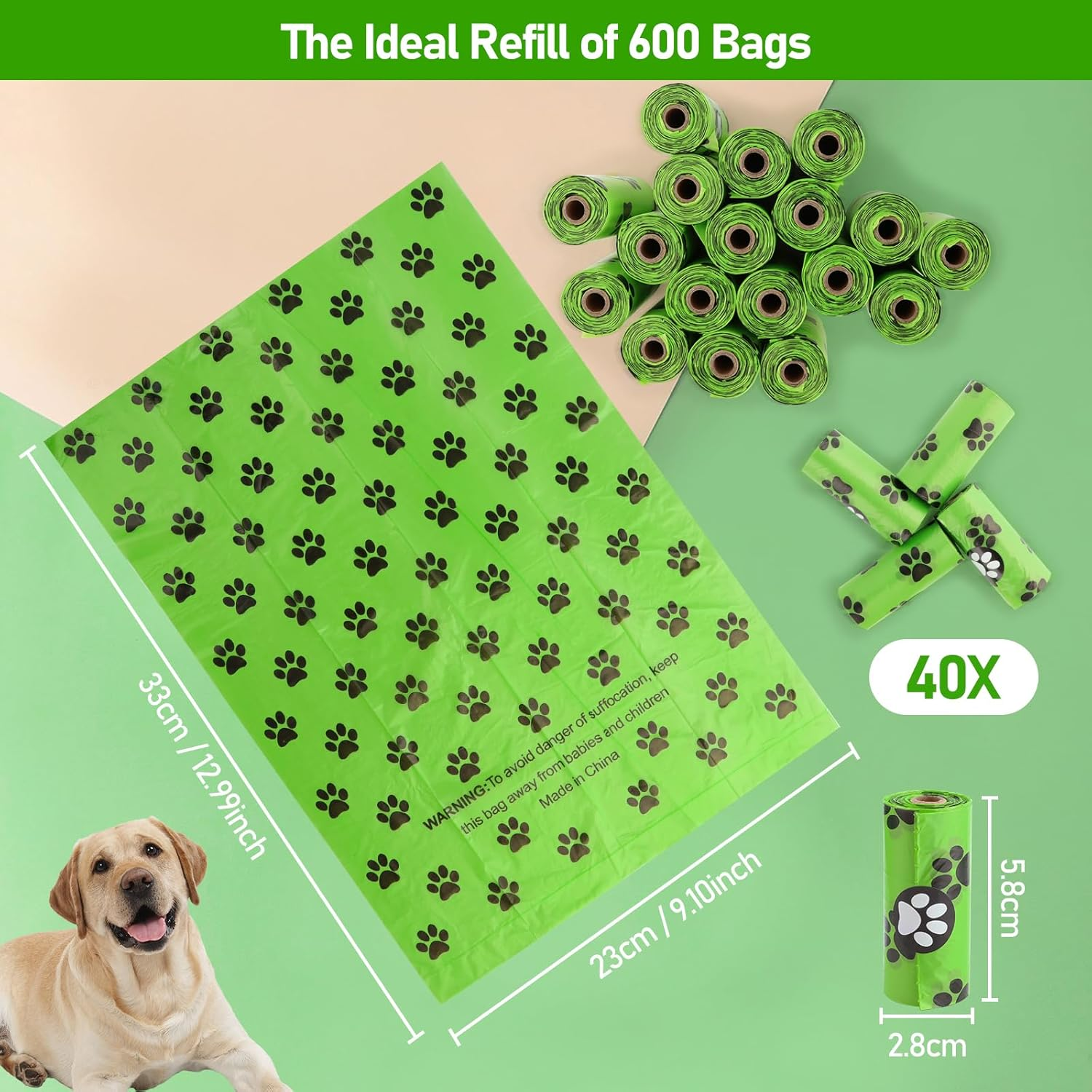 Dog Waste Bags, Pack of 600 Organic Dog Waste Bags, Extra Thick Waste Bags for Dogs, Waste Bags, Refill Rolls, Waterproof, Tear-Resistant, on the Go Black (Green)